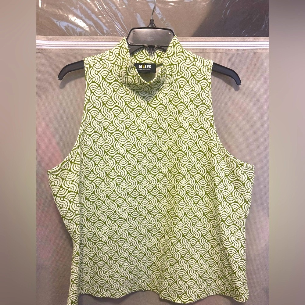 Anthropologie Green Boxy Sleeveless Blouse with Mandarin Collar